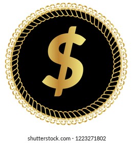 Gold button with dollar icon. emblem, label, badge, logo