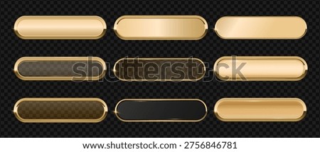 Gold button frame 3d badge, Rectangular with rounded corners golden button icon on dark background, Premium signboard for web UI design.