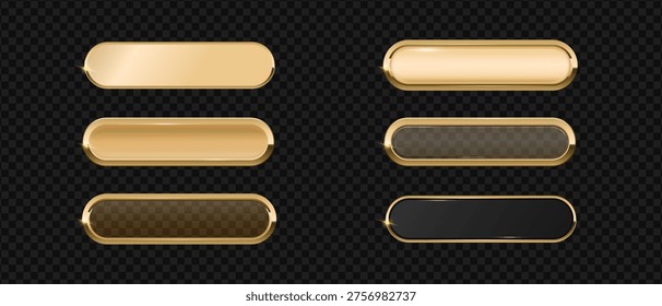 Gold button frame and glass 3d badge, Rectangular with rounded corners golden button icon on dark background, Premium signboard for web UI design.