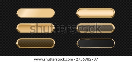 Gold button frame and glass 3d badge, Rectangular with rounded corners golden button icon on dark background, Premium signboard for web UI design.