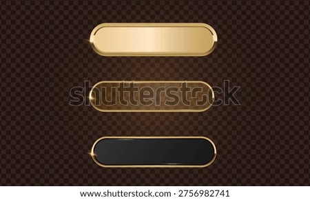 Gold button frame and glass 3d badge, Rectangular with rounded corners golden button icon on dark background, Premium signboard for web UI design.