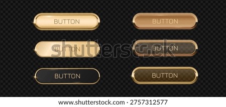 Gold button frame and glass 3d badge, Rectangular with rounded corners golden button icon on dark background, Premium signboard for web UI design.