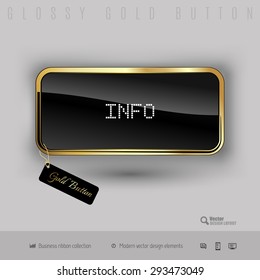 Gold button info with black glossy inside and modern pixel font. Luxury design elements.