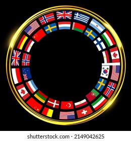 Gold button with international flags around, golden shiny ring on black background, vector business concept design.