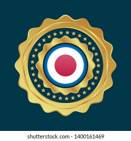 Gold button with japan circle flag.golden japan circle flag emblem, label, badge,sticker, logo.