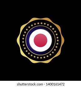 Gold button with japan circle flag.golden japan circle flag emblem, label, badge,sticker, logo.