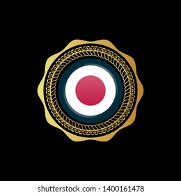 Gold button with japan circle flag.golden japan circle flag emblem, label, badge,sticker, logo.