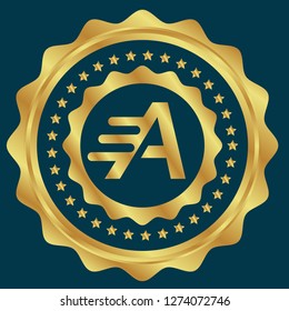 Gold button with letter A.letter A emblem, label, badge,sticker, logo. 