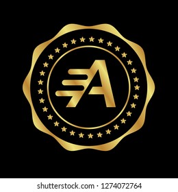Gold button with letter A.letter A emblem, label, badge,sticker, logo. 