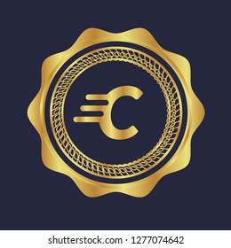 Gold button with letter C. Gold letter C emblem, label, badge,sticker, logo. 