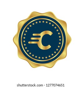 Gold button with letter C. Gold letter C emblem, label, badge,sticker, logo. 