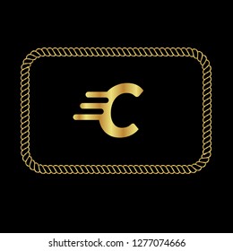Gold button with letter C. Gold letter C emblem, label, badge,sticker, logo. 