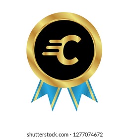 Gold button with letter C. Gold letter C emblem, label, badge,sticker, logo. 
