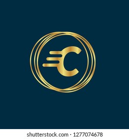 Gold button with letter C. Gold letter C emblem, label, badge,sticker, logo. 