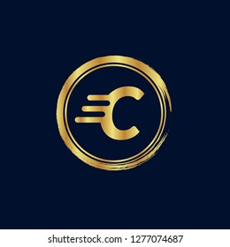 Gold button with letter C. Gold letter C emblem, label, badge,sticker, logo. 