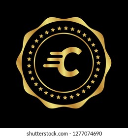 Gold button with letter C. Gold letter C emblem, label, badge,sticker, logo. 
