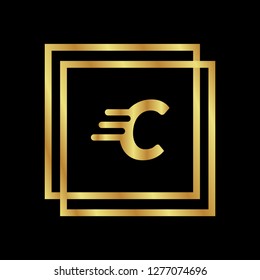 Gold button with letter C. Gold letter C emblem, label, badge,sticker, logo. 