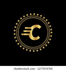 Gold button with letter C. Gold letter C emblem, label, badge,sticker, logo. 