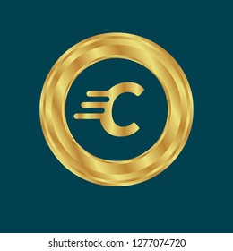 Gold button with letter C. Gold letter C emblem, label, badge,sticker, logo. 