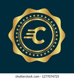Gold button with letter C. Gold letter C emblem, label, badge,sticker, logo. 