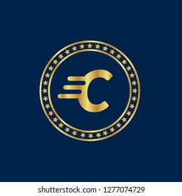 Gold button with letter C. Gold letter C emblem, label, badge,sticker, logo. 