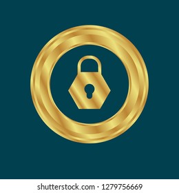 Gold button with lock icon.gold lock emblem, label, badge,sticker, logo. 