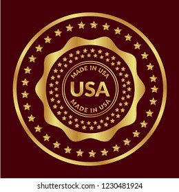 Gold button with made in usa. emblem, label, badge,sticker, logo. Designed for celebration or anniversary
