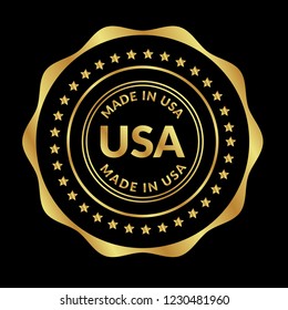 Gold button with made in usa. emblem, label, badge,sticker, logo. Designed for celebration or anniversary