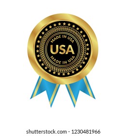 Gold button with made in usa. emblem, label, badge,sticker, logo. Designed for celebration or anniversary