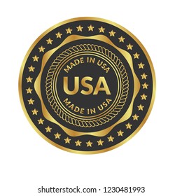 Gold button with made in usa. emblem, label, badge,sticker, logo. Designed for celebration or anniversary