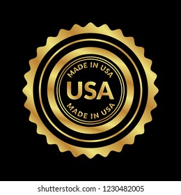 Gold button with made in usa. emblem, label, badge,sticker, logo. Designed for celebration or anniversary