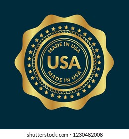 Gold button with made in usa. emblem, label, badge,sticker, logo. Designed for celebration or anniversary