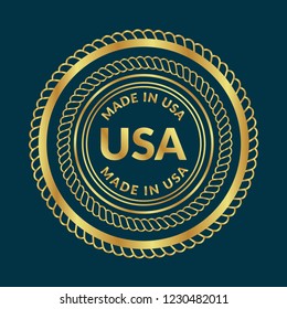 Gold button with made in usa. emblem, label, badge,sticker, logo. Designed for celebration or anniversary