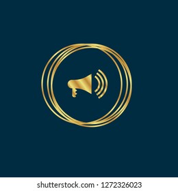 Gold button with megaphone icon. emblem, label, badge,sticker, logo. 