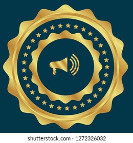 Gold button with megaphone icon. emblem, label, badge,sticker, logo. 