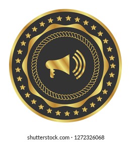 Gold button with megaphone icon. emblem, label, badge,sticker, logo. 