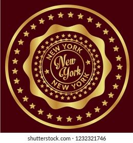 Gold button with new york text.new york emblem, label, badge,sticker, logo. Designed for celebration or anniversary