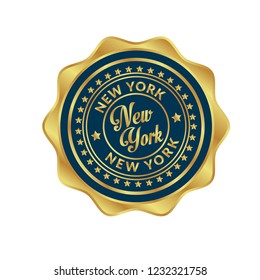 Gold button with new york text.new york emblem, label, badge,sticker, logo. Designed for celebration or anniversary