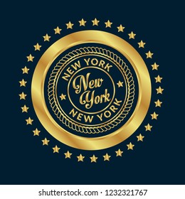 Gold button with new york text.new york emblem, label, badge,sticker, logo. Designed for celebration or anniversary