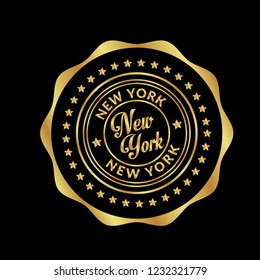 Gold button with new york text.new york emblem, label, badge,sticker, logo. Designed for celebration or anniversary