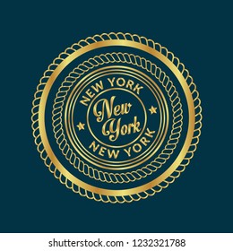 Gold button with new york text.new york emblem, label, badge,sticker, logo. Designed for celebration or anniversary