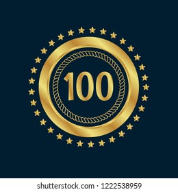 Gold button with number 100 .emblem, label, badge, logo. designed for celebration