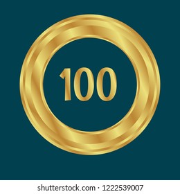 Gold button with number 100 .emblem, label, badge, logo. designed for celebration