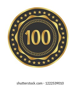 Gold button with number 100 .emblem, label, badge, logo. designed for celebration