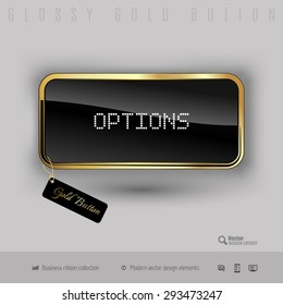 Gold button options with black glossy inside and modern pixel font. Luxury design elements.