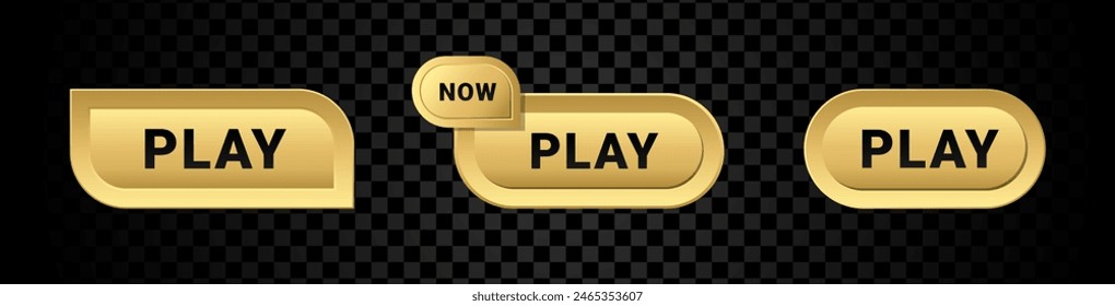 Gold button play set. Start now golden symbol. Luxury video player UI icon. Vector illustration isolated on background