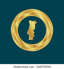 Gold button with Portugal map. Gold Portugal - emblem, label, badge,sticker, logo. 
