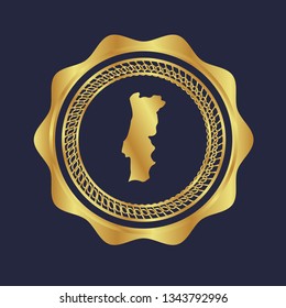 Gold button with Portugal map. Gold Portugal - emblem, label, badge,sticker, logo. 