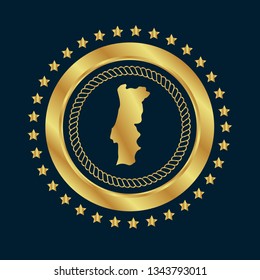 Gold button with Portugal map. Gold Portugal - emblem, label, badge,sticker, logo. 