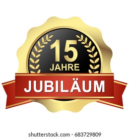 gold button with red banner for 15 years jubilee (text in german)